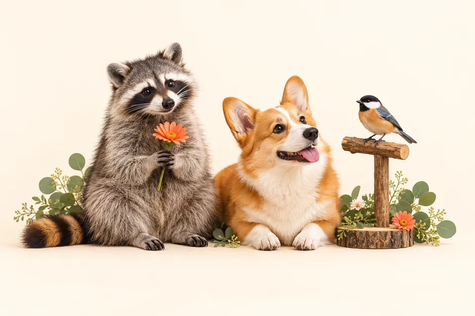 A raccoon, corgi and songbird on a wooden perch.