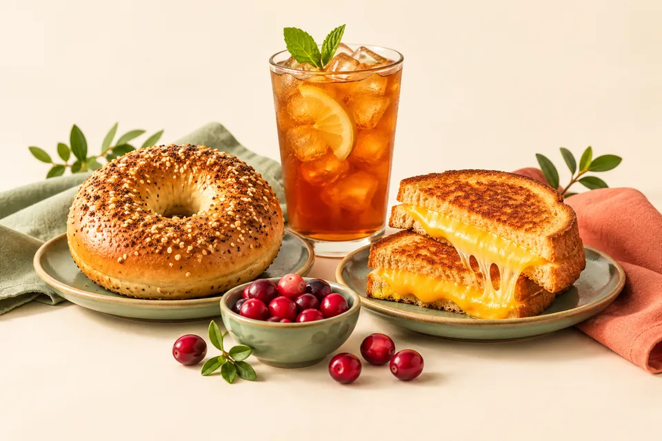 A bagel, grilled cheese, cranberries and a glass of iced tea.