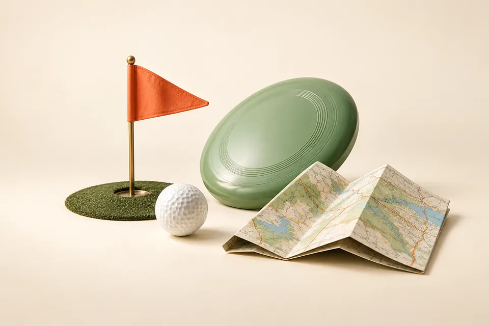 A golf ball, putting flag, flying disc and folded map.
