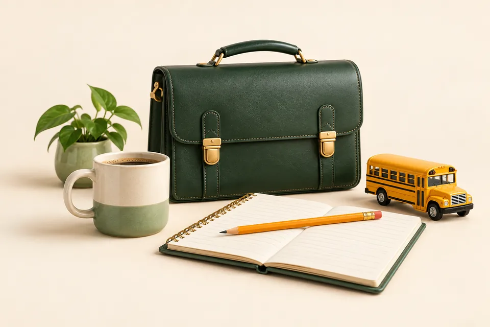 A green briefcase, coffee mug, notebook, pencil and model school bus.
